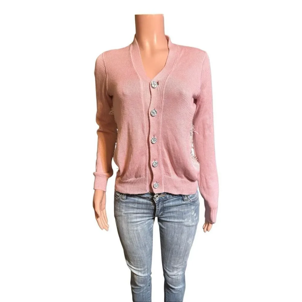 Julien David button-up long sleeve knit pink back fringe sweater S
